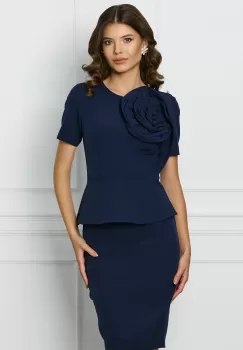 Rochie MBG bleumarin cu peplum in talie si floale pe bust imagine