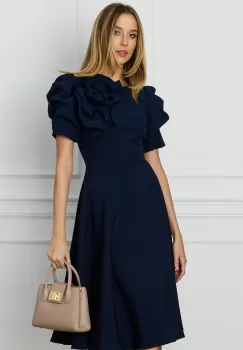 Rochie MBG bleumarin cu umeri bufanti si aplicatie florala 3D imagine