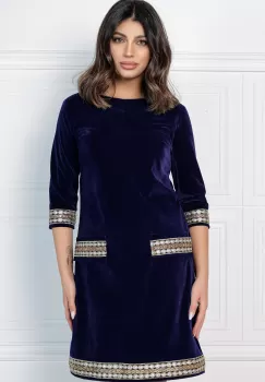 Rochie MBG bleumarin din catifea cu benzi decorative imagine