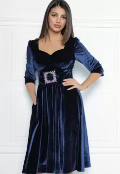 Rochie MBG bleumarin din catifea cu funda si catarama in talie imagine