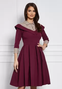 Rochie MBG bordo cu carouri gri la bust si maneci imagine