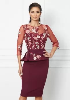 Rochie MBG bordo cu peplum si dantela brodata floral la bust imagine