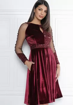 Rochie MBG bordo din catifea cu paiete si maneci din tull imagine