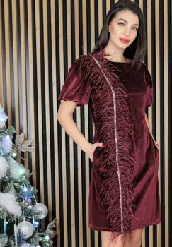 Rochie MBG bordo din catifea cu pene imagine