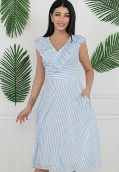 Rochie MBG cu dungi bleu si volane la bust imagine