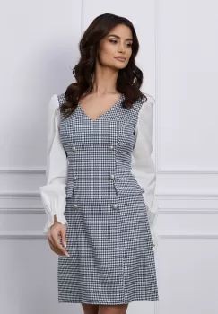 Rochie MBG cu imprimeu pepit bleumarin si maneci albe imagine