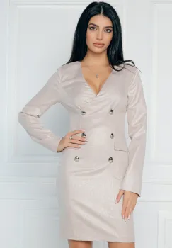 Rochie MBG elganta tip sacou din stofa bej cu imprimeu pepit imagine