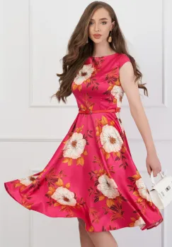 Rochie MBG fucsia cu flori si curea in talie imagine