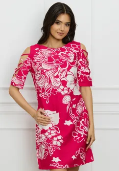 Rochie MBG fucsia cu imprimeuri albe si decupaje pe maneci imagine