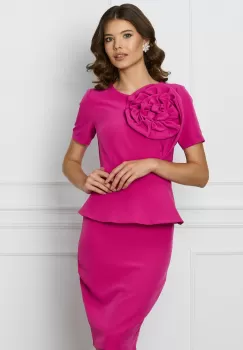 Rochie MBG fucsia cu peplum in talie si floale pe bust imagine