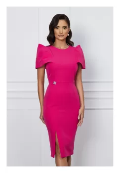Rochie MBG fucsia cu pliuri pe maneci si umeri bufanti imagine