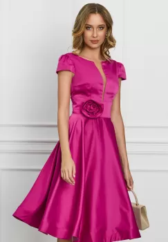 Rochie MBG fucsia din satin cu trandafir in talie imagine