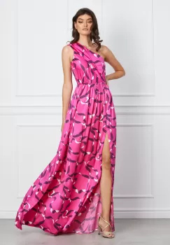 Rochie MBG fucsia lunga din satin pe un umar cu imprimeu imagine