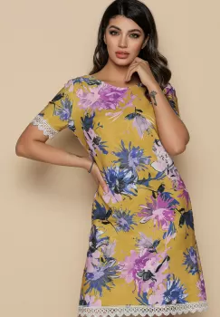 Rochie MBG galbena cu imprimeu floral roz imagine