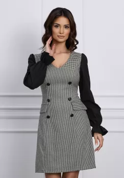 Rochie MBG gri cu imprimeu pepit si maneci negre imagine