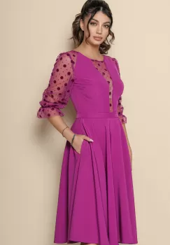 Rochie MBG magenta cu maneci din tull cu buline catifelate imagine