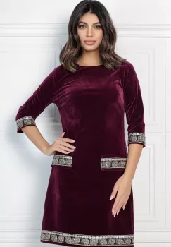 Rochie MBG magenta din catifea cu benzi decorative imagine