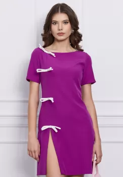 Rochie MBG magenta scurta cu funde albe si crepeu pe fusta imagine