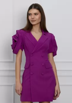 Rochie MBG magenta tip sacou cu flori pe maneci imagine