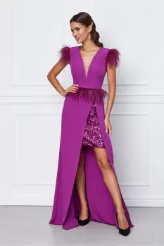 Rochie MBG mov lunga cu pene si paiete imagine