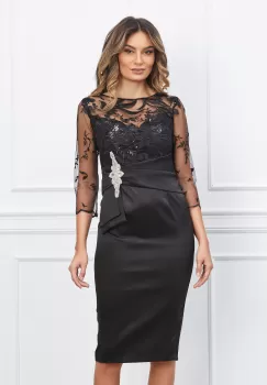 Rochie MBG neagra cu dantela la bust si accesoriu in talie imagine