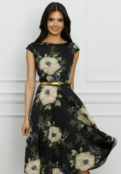 Rochie MBG neagra cu flori verzi si curea in talie imagine