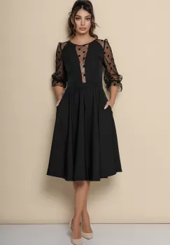 Rochie MBG neagra cu maneci din tull cu buline catifelate imagine