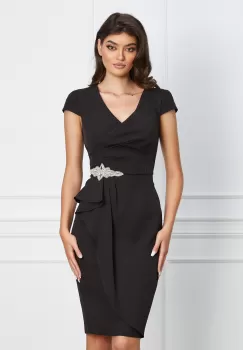 Rochie MBG neagra cu volanas si accesoriu stralucitor in talie imagine