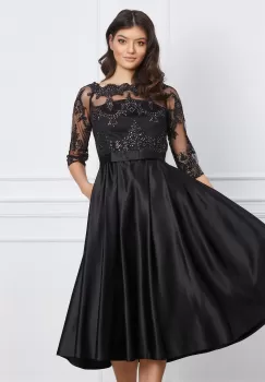 Rochie MBG neagra din tafta cu dantela si paiete aurii la bust imagine