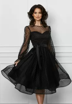 Rochie MBG neagra din tull cu buline catifelate si cordon satinat in talie imagine