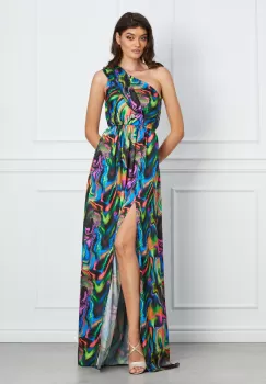 Rochie MBG neagra lunga din satin pe un umar cu imprimeu multicolor imagine