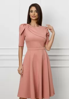 Rochie MBG peach cu volan si funda pe bust imagine