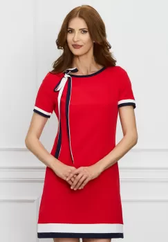 Rochie MBG rosie cu buzunare si snur bleumarin la decolteu imagine