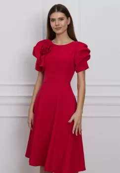 Rochie MBG rosu zmeura cu umeri bufanti si aplicatie florala 3D imagine