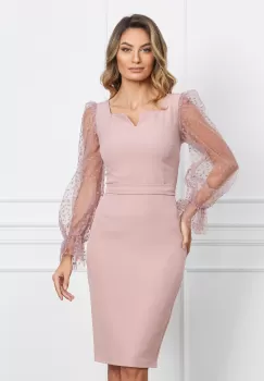 Rochie MBG roz cu buline catifelate pe maneci imagine