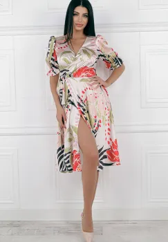 Rochie MBG roz cu imprimeu floral rosu si verde imagine