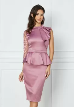 Rochie MBG roz cu o maneca din dantela si peplum in talie imagine