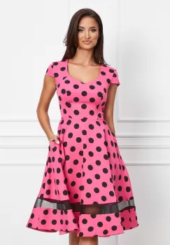 Rochie MBG roz neon cu buline negre si banda semitransparenta la baza imagine