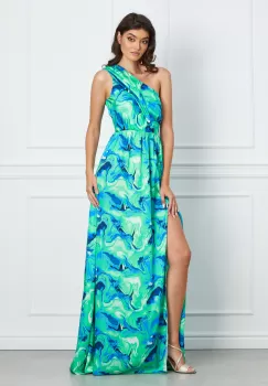 Rochie MBG turcoaz lunga din satin pe un umar cu imprimeu imagine