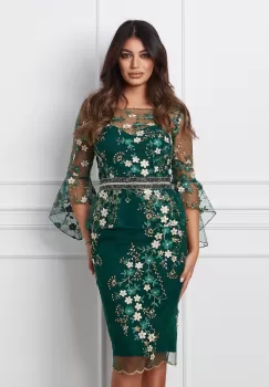 Rochie MBG verde cu broderie florala bej imagine