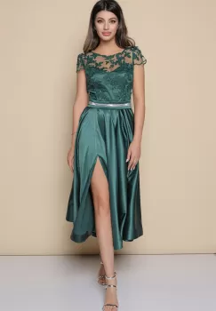 Rochie MBG verde cu dantela la bust si crepeu maxi imagine