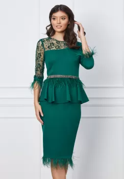 Rochie MBG verde cu dantela si pene imagine