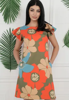 Rochie Mbg verde cu flori portocalii si volanase la maneci imagine