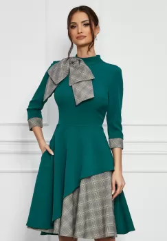 Rochie MBG verde cu imprimeu pepit si funda imagine