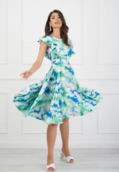 Rochie MBG verde cu imprimeu tie-dye albastru si vonale pe bust imagine