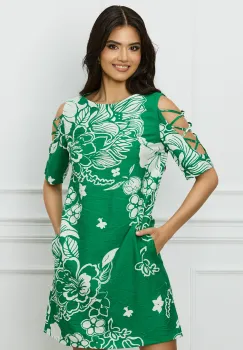 Rochie MBG verde cu imprimeuri albe si decupaje pe maneci imagine