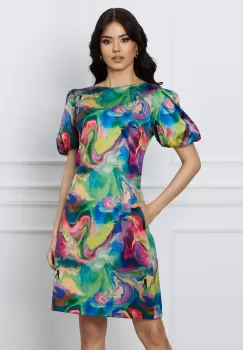 Rochie MBG verde cu imprimeuri roz si galbene imagine