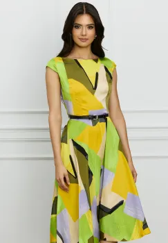 Rochie MBG verde cu imprimeuri si curea in talie imagine