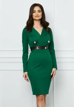 Rochie MBG verde cu nasturi si banda din piele ecologica in talie imagine