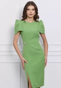 Rochie MBG verde cu umeri bufanti si aplicatie pe talie imagine